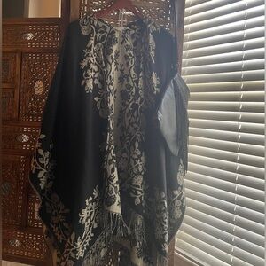 Cost Plus World Market Black and Cream Floral Fringe Cape Reversible